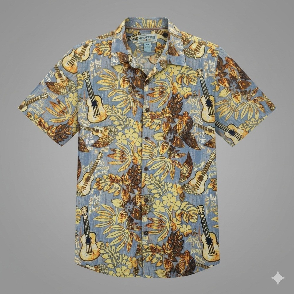 Margaritaville XXL Blue‎ Guitar Tropical Rayon Button Down Aloha Hawaiian Shirt